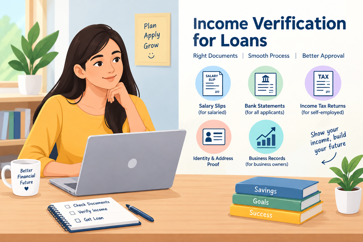 Income verification for loans in India, showing required documents such as salary slips, bank statements, income tax returns, identity proof and business records to help applicants understand the loan verification process.